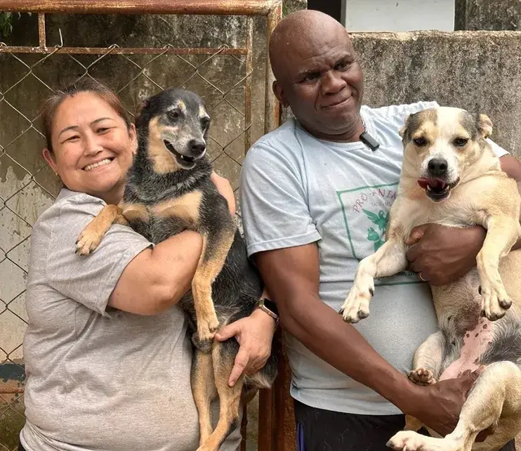 Protetora agachada, cercada por cães resgatados que se aproximam dela